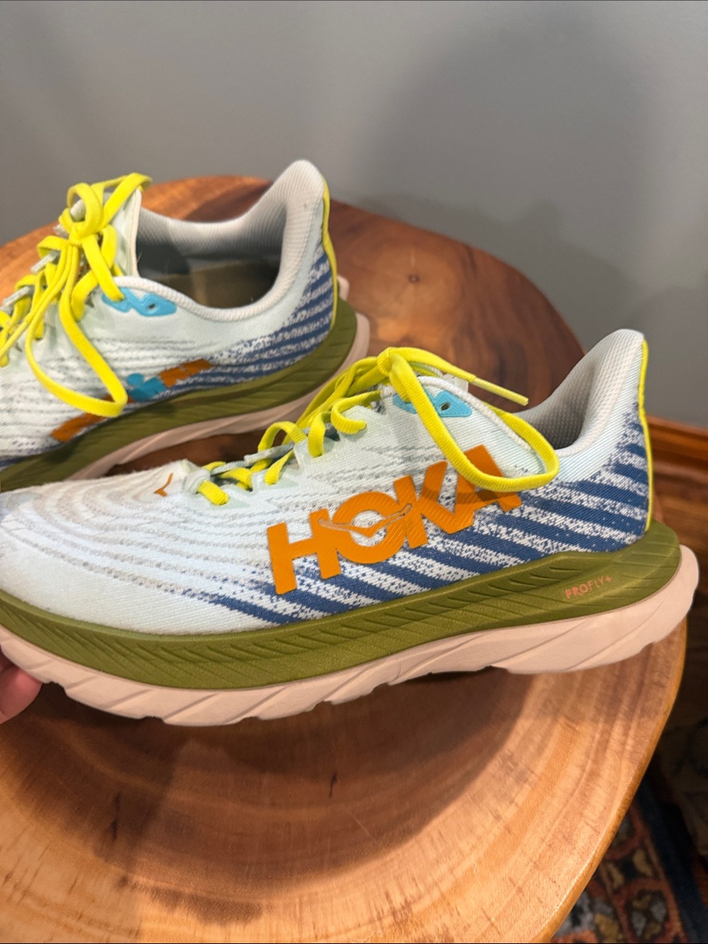 Hoka Light Blue Sneakers with Yellow Laces and Olive accents - Picture 2 of 5